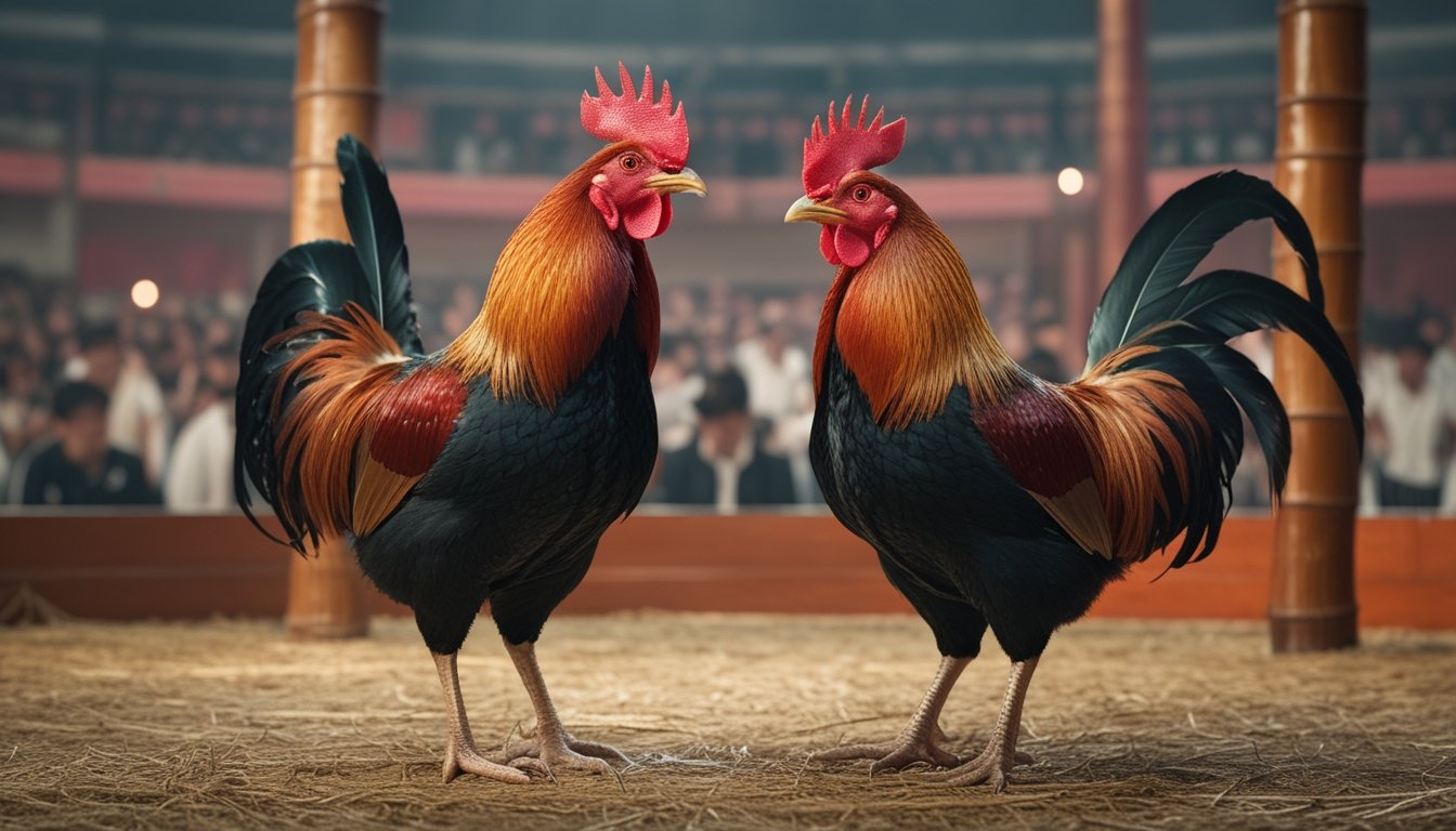 Dua ayam jantan berdiri di arena tradisional dengan penonton yang tampak samar di latar belakang.