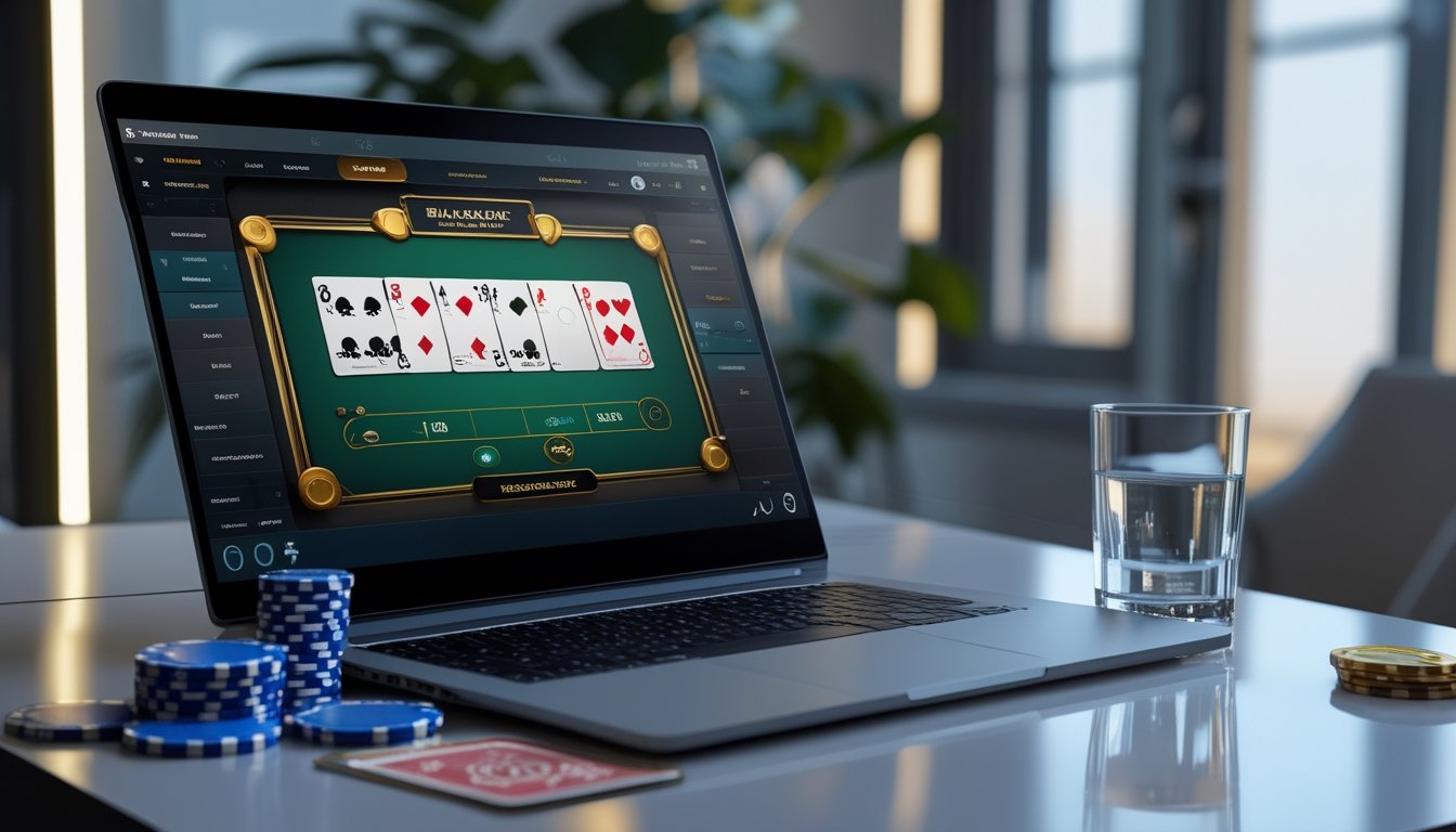 Laptop menampilkan meja blackjack digital dengan kartu dan keping taruhan di atas meja.
