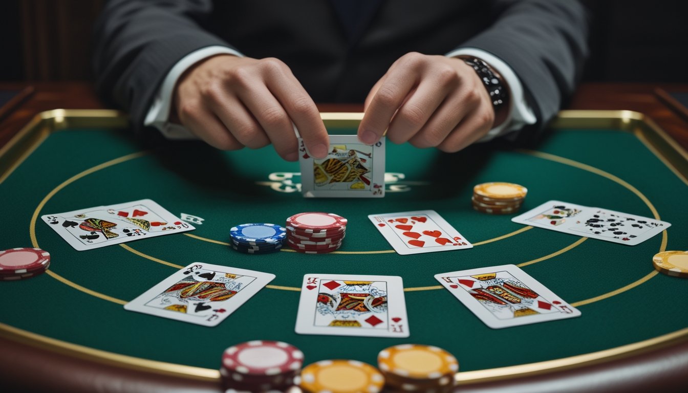 Meja blackjack dengan kartu, keping taruhan, dan tangan dealer yang menunjukkan alur permainan.