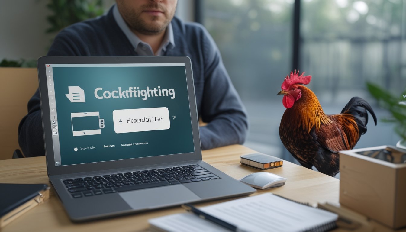 Seseorang melihat laptop dengan antarmuka buram di dekat ayam yang berada aman dalam kandang bersih, disertai perlengkapan hukum dan keuangan.