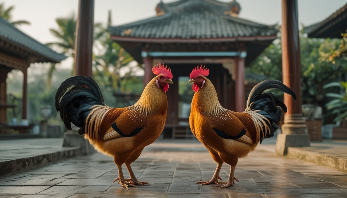 Dua ayam jantan sehat berdiri tenang di halaman pedesaan Asia Tenggara yang rapi.