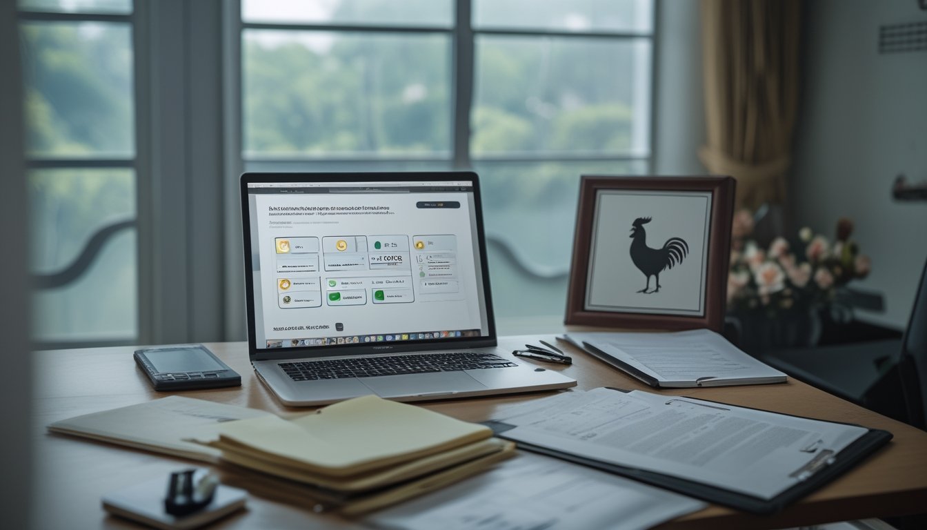 Laptop, ponsel, dan dokumen hukum di meja dalam suasana kantor Indonesia dengan simbol ayam jantan di latar belakang.