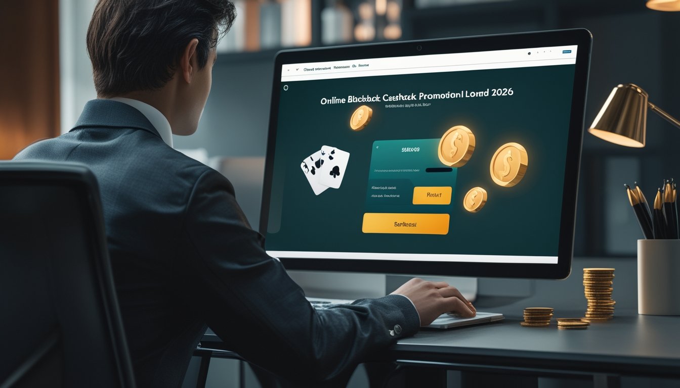 Seseorang melihat situs blackjack daring dengan simbol bonus cashback, koin emas, dan keping poker di meja kerja.