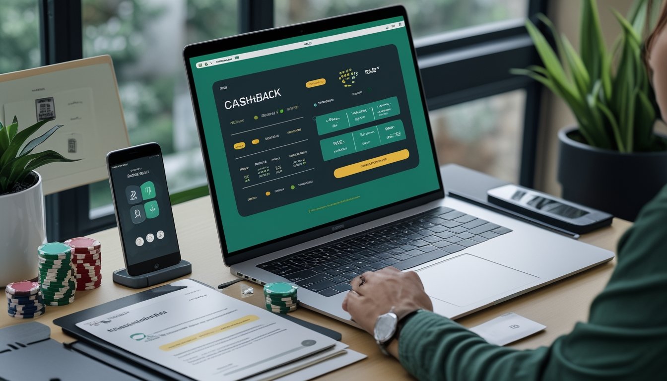 Laptop dengan tampilan blackjack abstrak, checklist verifikasi, ponsel, kartu, chip kasino, kalkulator, dan dokumen kosong di meja kerja.