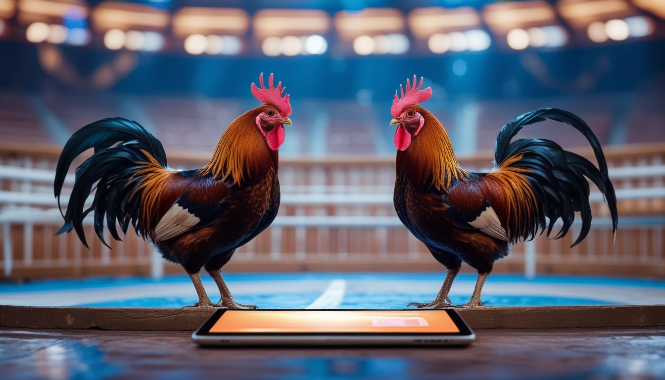 Dua ayam jantan berada di arena, dengan ponsel dan laptop yang menampilkan siaran langsung di latar depan.