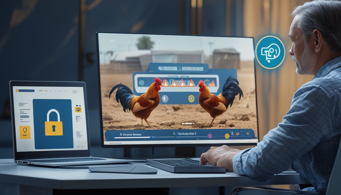 Seseorang mengamati siaran sabung ayam daring pada laptop dengan simbol peringatan dan keamanan di meja.