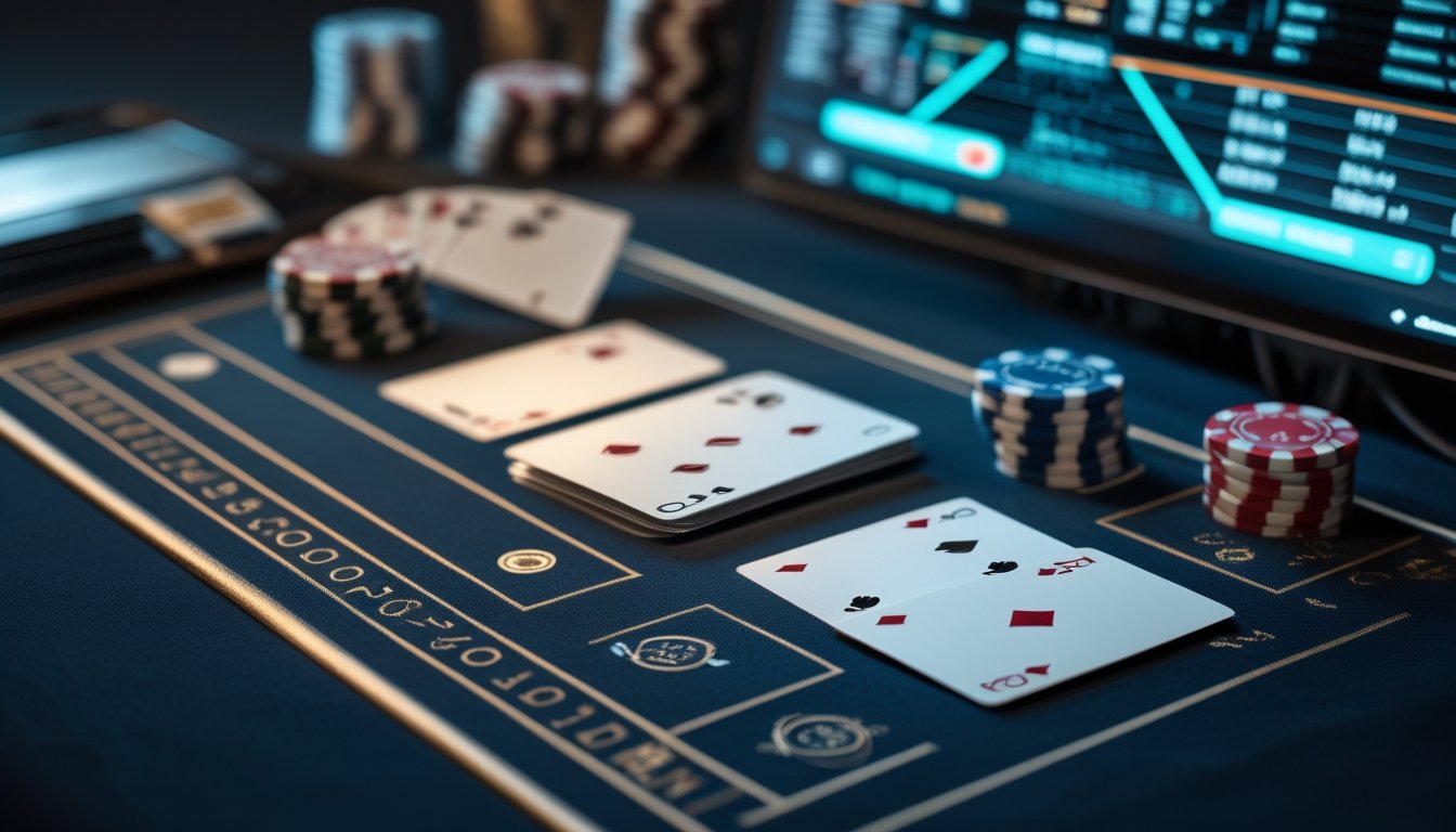 Meja blackjack modern dengan kartu, keping kasino, dan perangkat digital dalam suasana elegan.