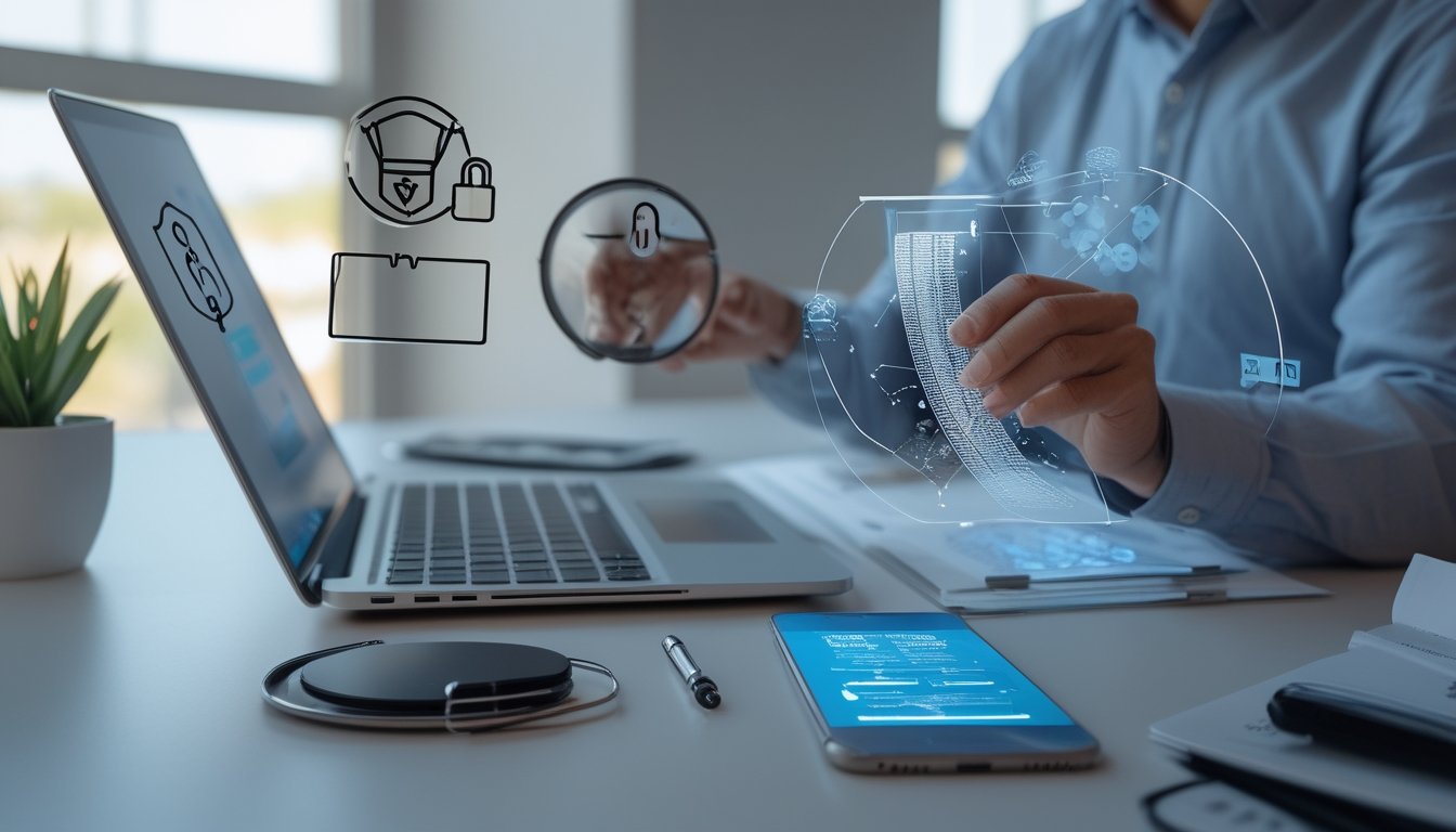 Seseorang meninjau informasi keamanan dan legalitas situs daring di meja kerja dengan laptop, ponsel, serta simbol perisai dan gembok.
