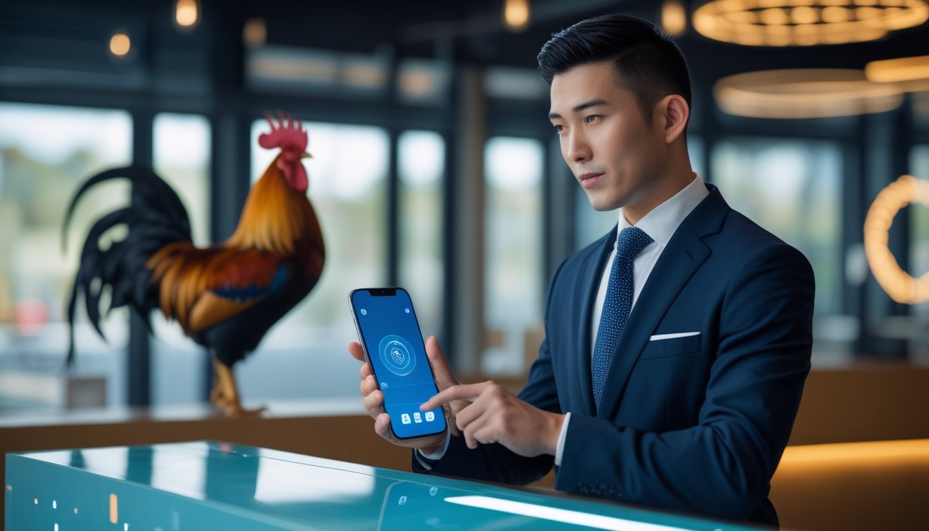 Seorang perwakilan layanan pelanggan menggunakan dompet digital di dekat ayam jantan yang tenang.