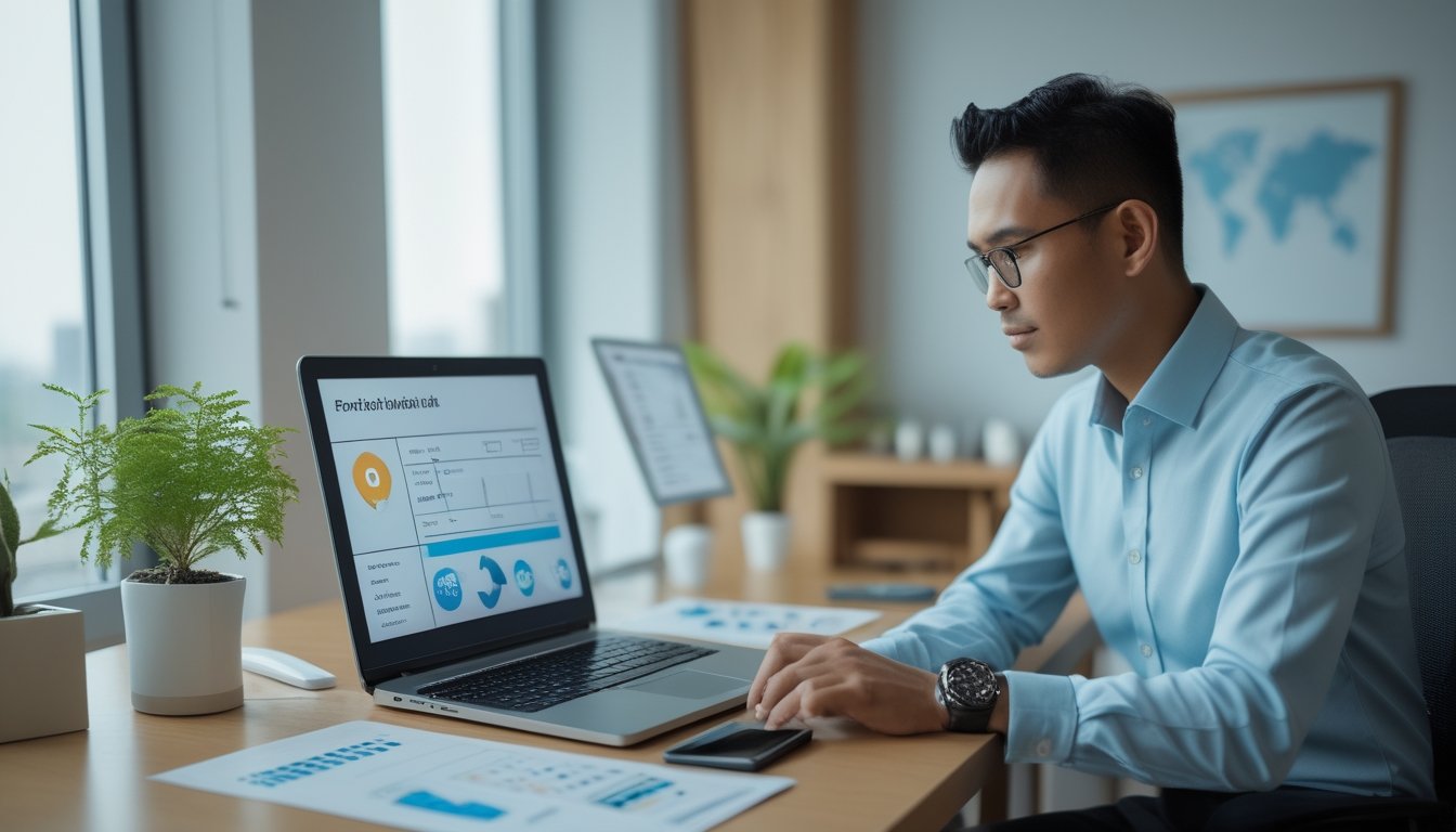 Seorang profesional memeriksa data digital yang tersusun rapi di laptop dan tablet dalam ruang kerja modern.