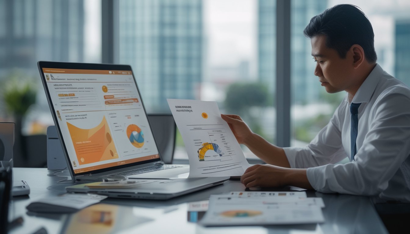 Seorang peneliti Indonesia meninjau dokumen hukum dan grafik data di meja kerja.