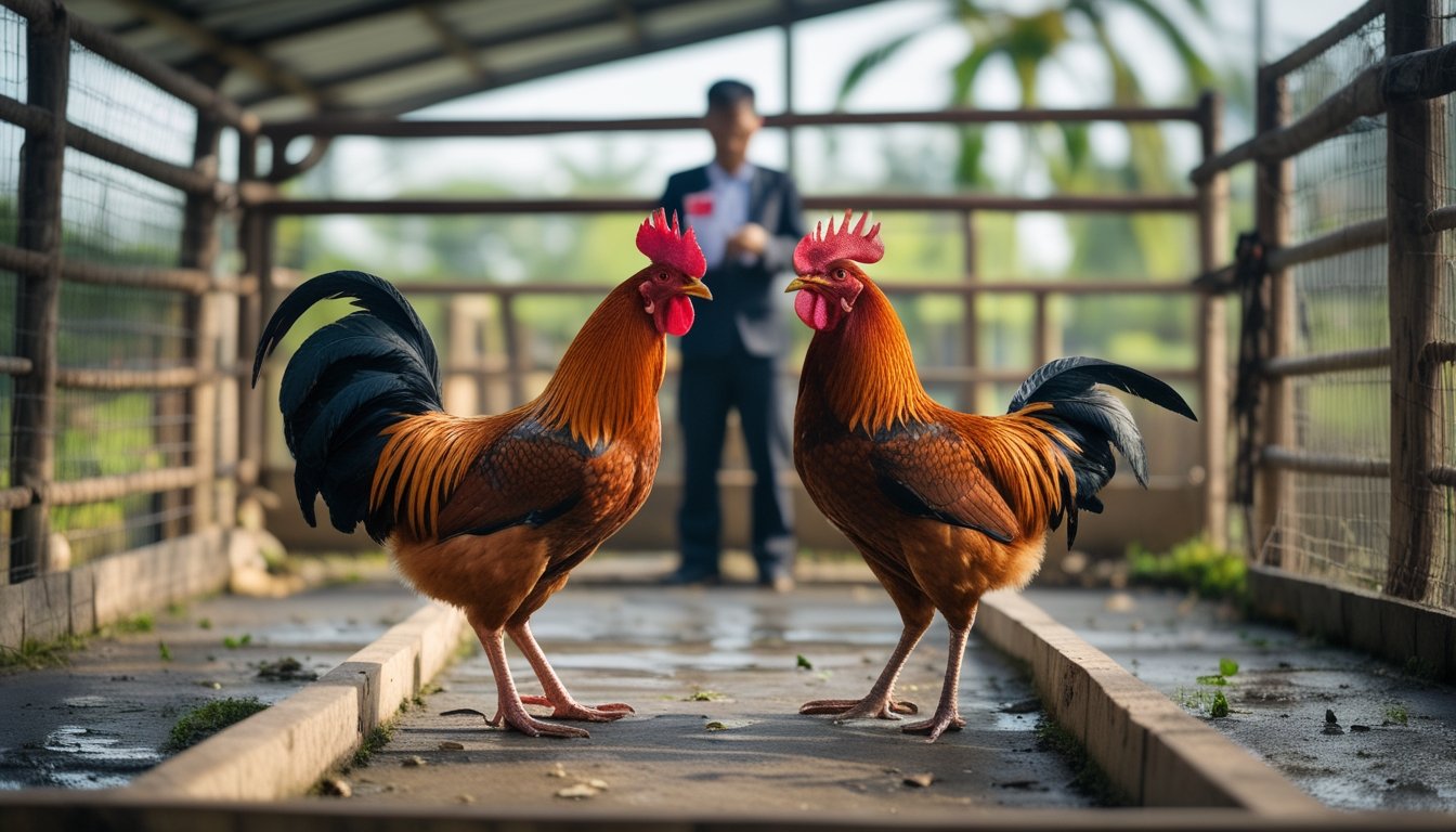 Dua ayam jantan sehat berada di kandang bersih dan diamati oleh seorang pawang dengan papan catatan.