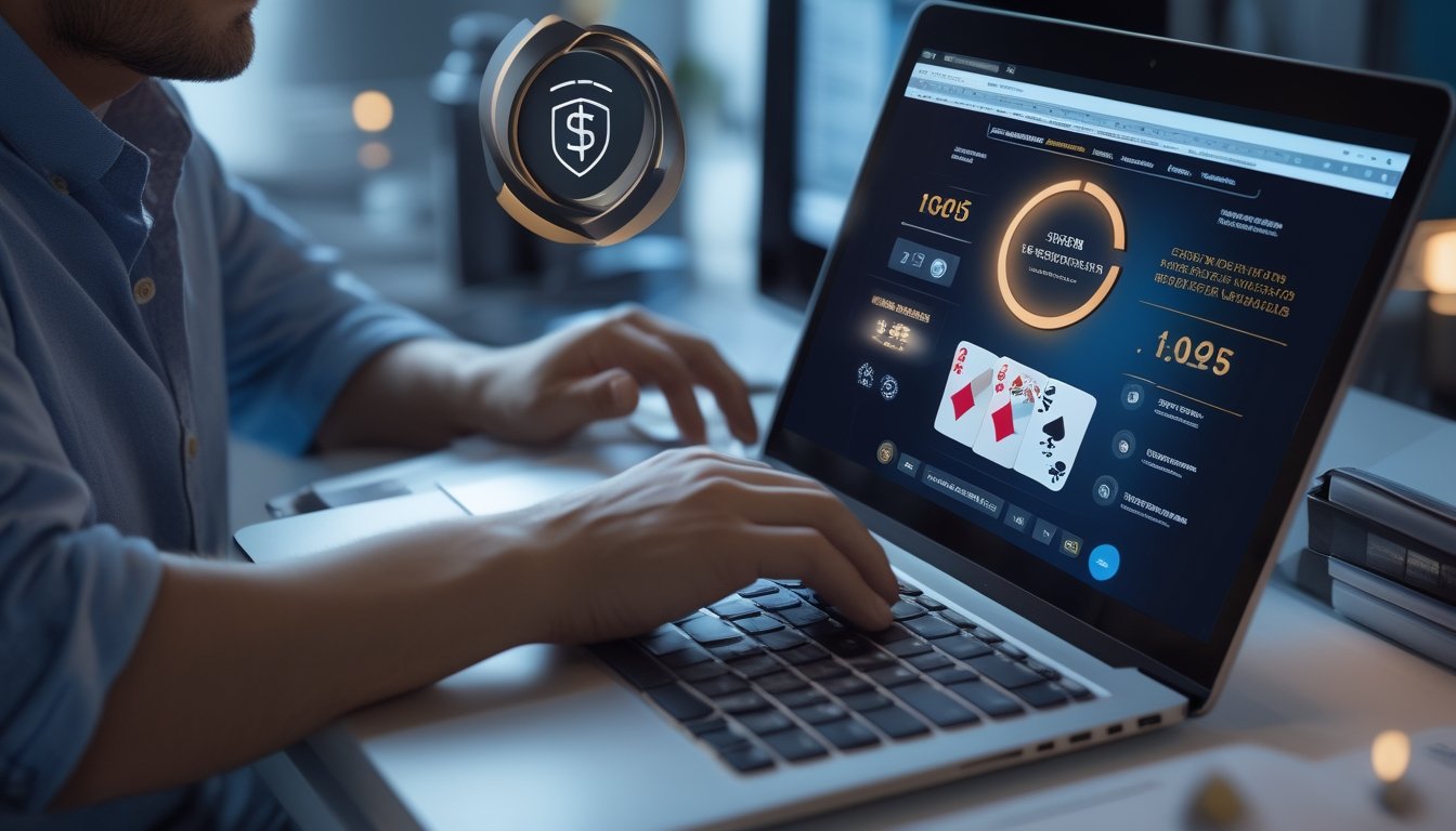 Seorang pemain menggunakan laptop dengan permainan Pai Gow Poker digital dan simbol keamanan di meja kerja modern.