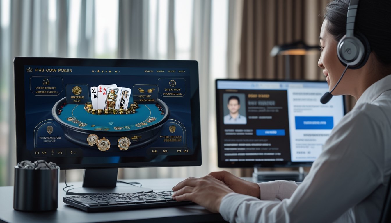 Pemain dewasa melihat permainan Pai Gow Poker di laptop dalam suasana kerja yang modern dan aman.