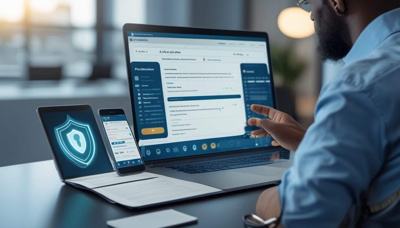 Seorang profesional memeriksa platform digital dengan simbol perisai, centang verifikasi, dan gembok keamanan di ruang kerja modern.