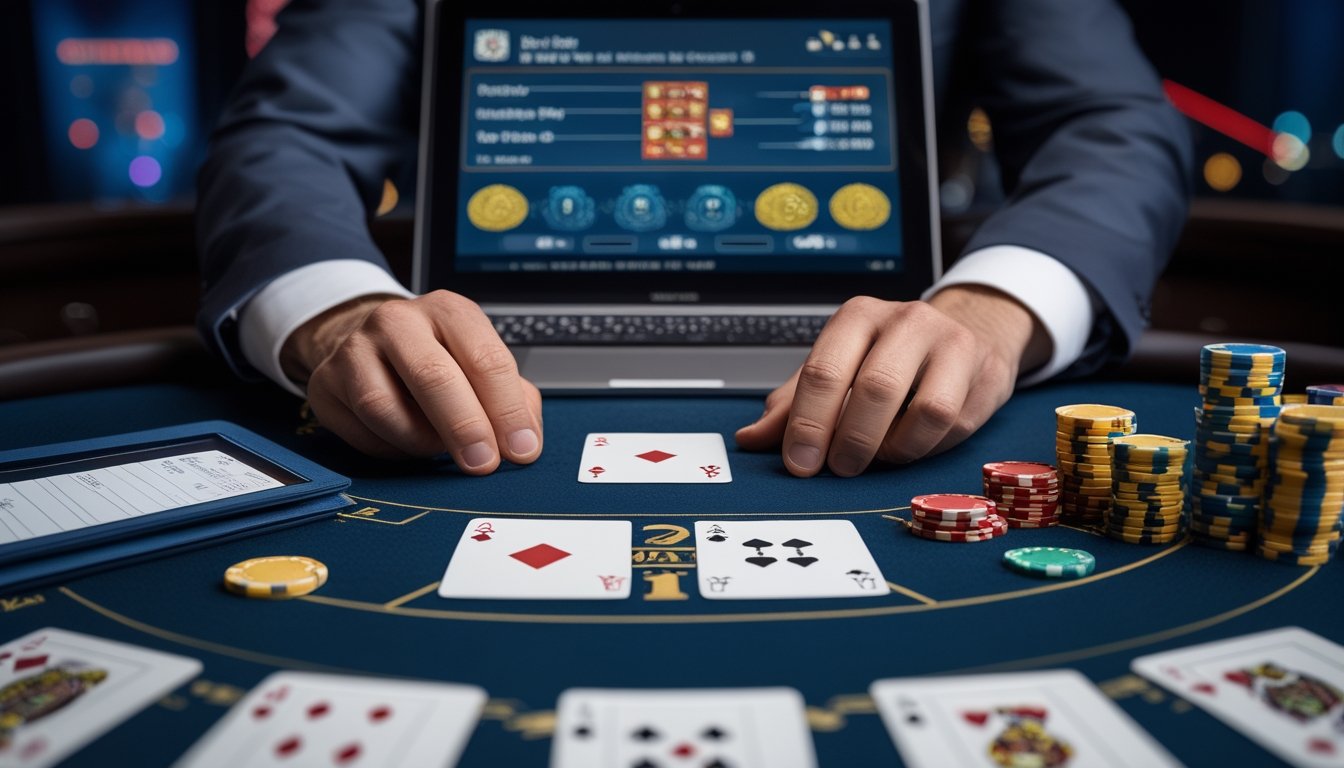 Meja Pai Gow Poker dengan kartu, keping taruhan, dan perangkat yang menampilkan antarmuka permainan daring.