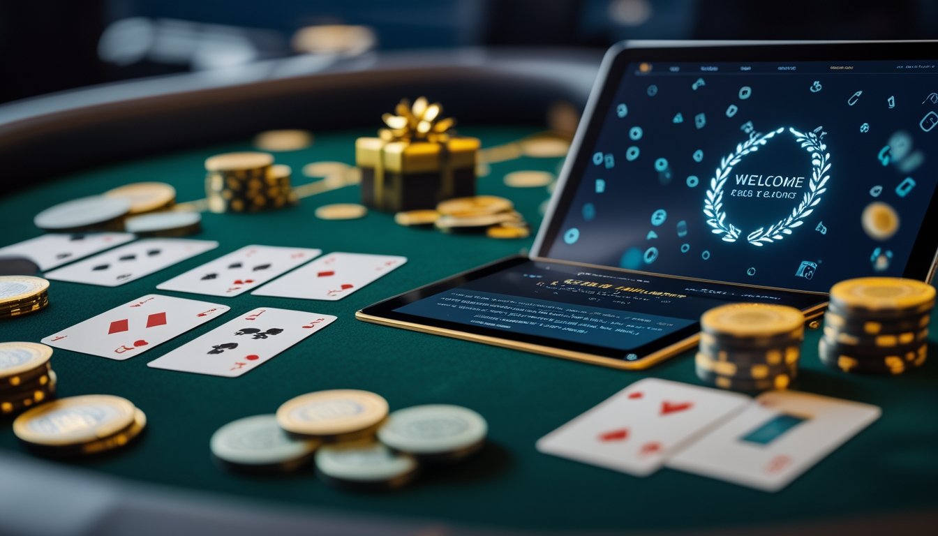 Meja Pai Gow Poker dengan kartu, keping poker, dan perangkat digital dalam suasana kasino modern.