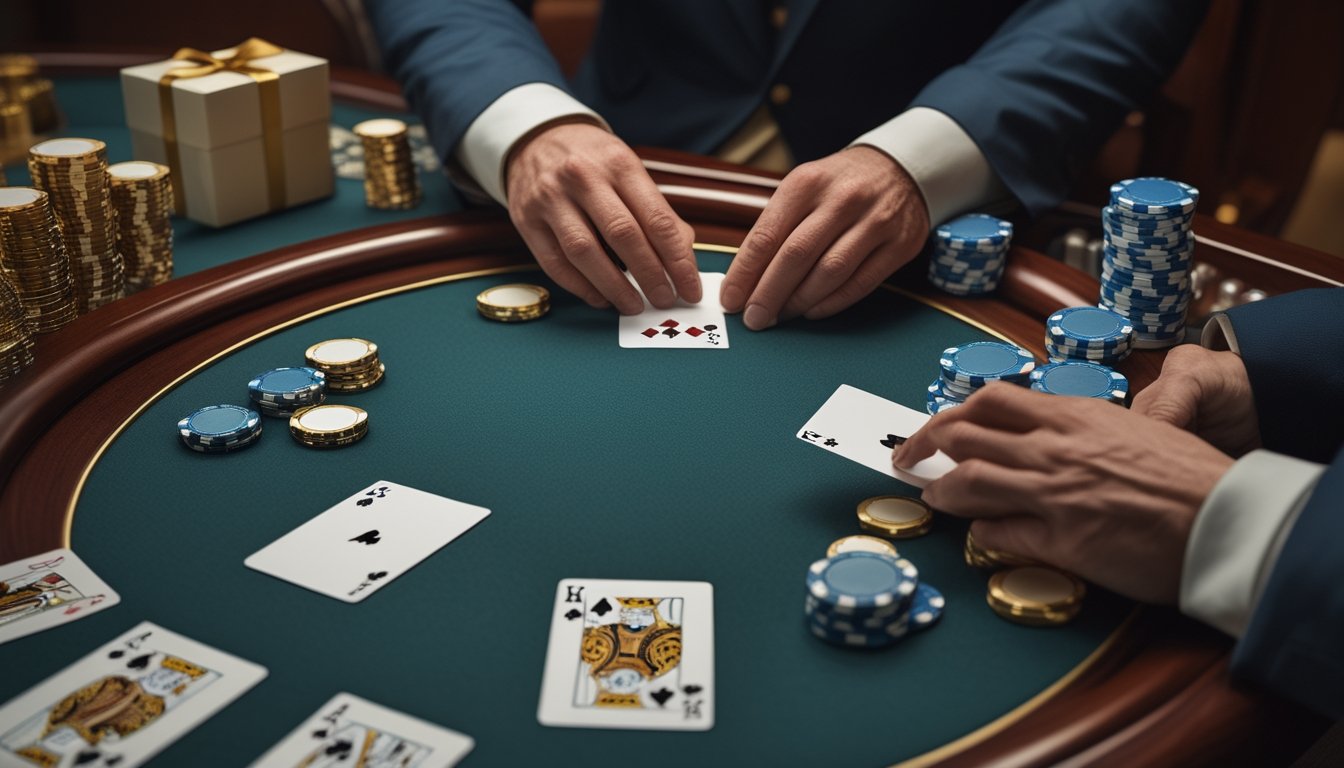 Meja Pai Gow Poker dengan kartu, keping judi, dan tangan dealer yang menyambut pemain baru.