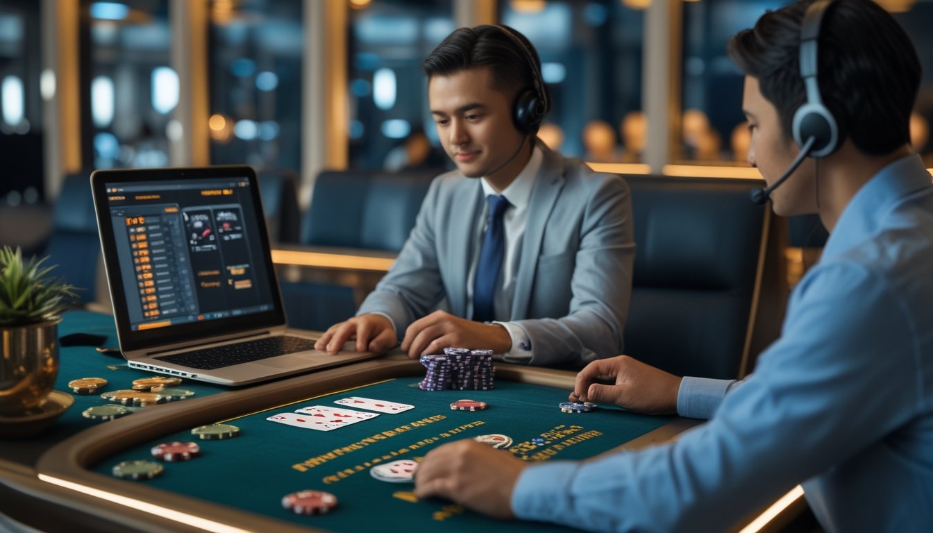 Meja Pai Gow Poker dengan kartu dan keping taruhan, seorang petugas layanan pelanggan memakai headset di dekat komputer.