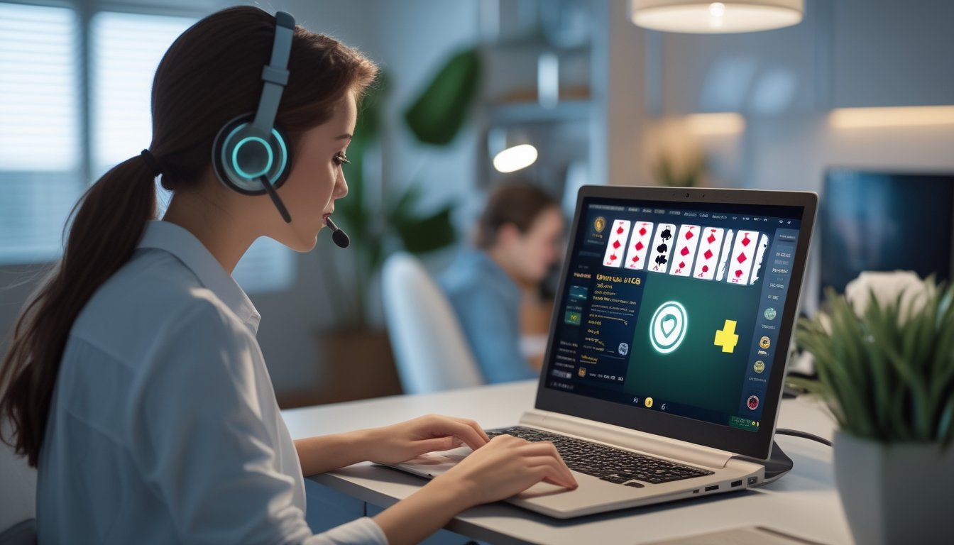 Seorang pemain menggunakan laptop untuk mengakses platform Pai Gow Poker dengan dukungan pelanggan melalui headset di latar belakang.