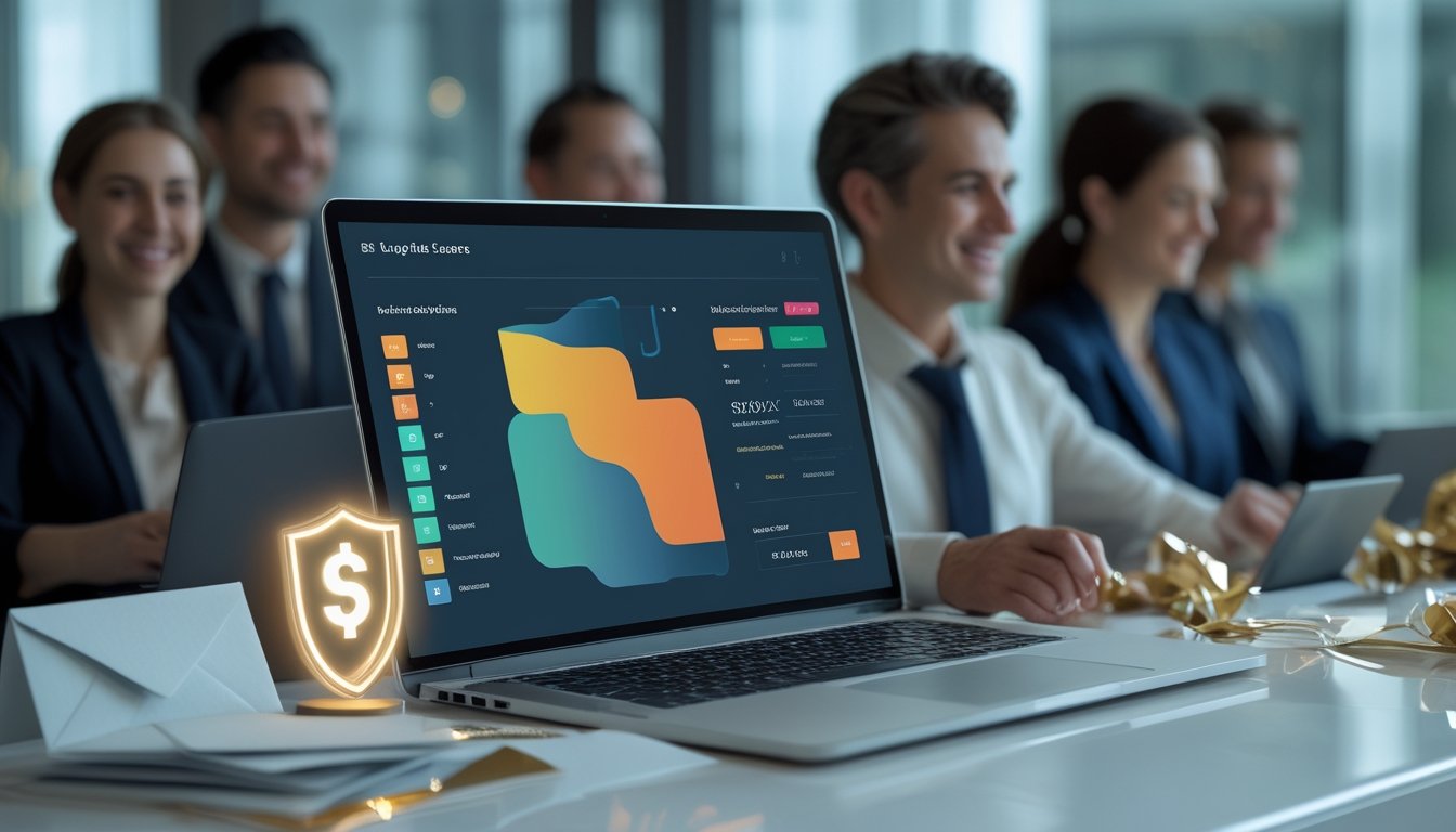 Laptop dan ponsel menampilkan antarmuka pembayaran abstrak di meja kerja modern dengan amplop dan aksen emas.