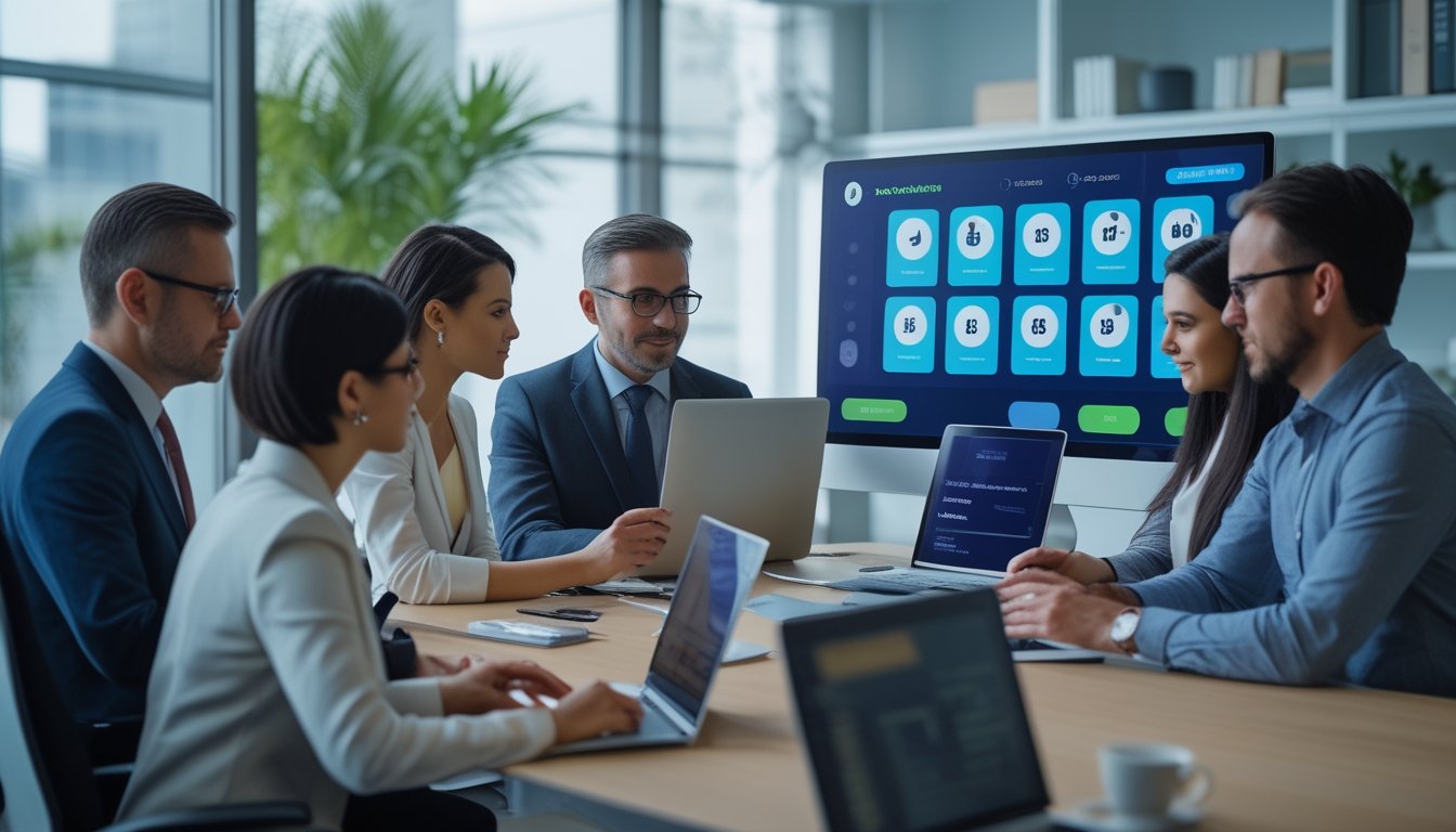 Sekelompok profesional memeriksa platform digital dengan simbol keamanan, verifikasi, dan transaksi transparan di kantor modern.