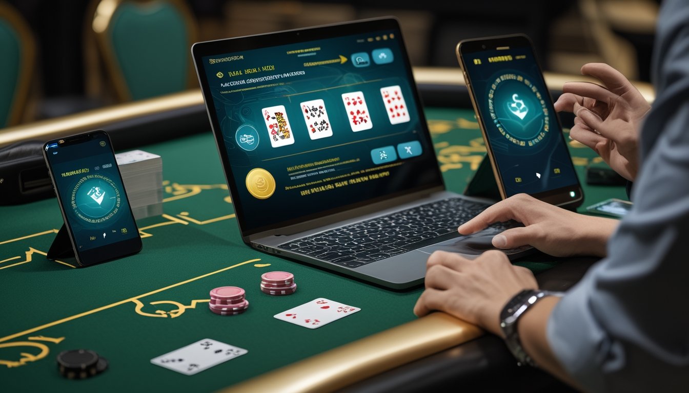 Meja Pai Gow dengan kartu, keping poker, laptop, ponsel, dan simbol pembayaran digital.