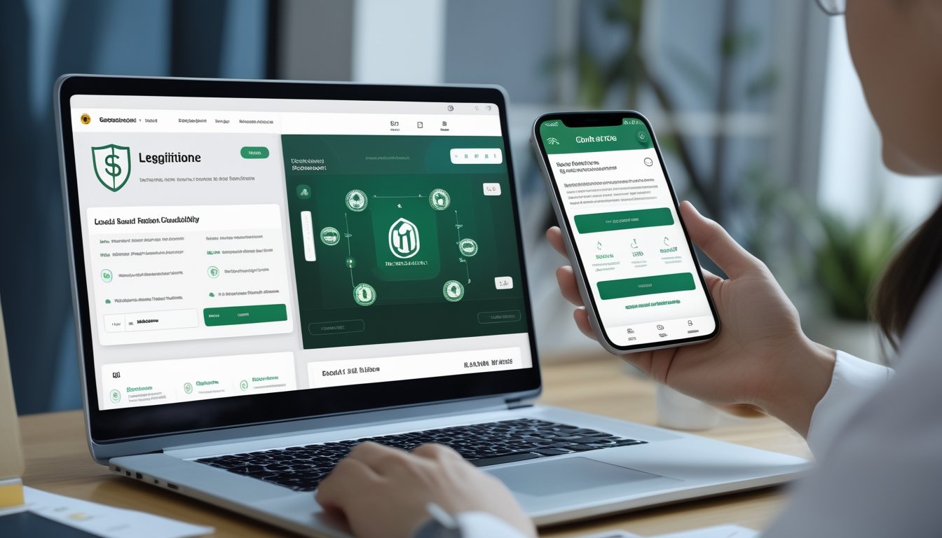 Seorang analis memeriksa platform poker daring dan transaksi bank dengan simbol keamanan serta verifikasi.