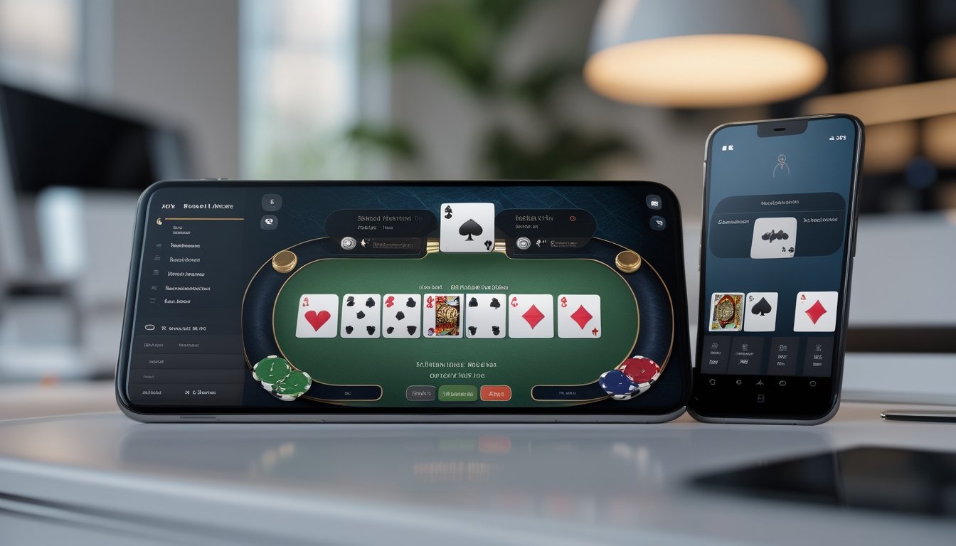 Dua perangkat seluler menampilkan permainan kartu digital dengan chip poker di atas meja.