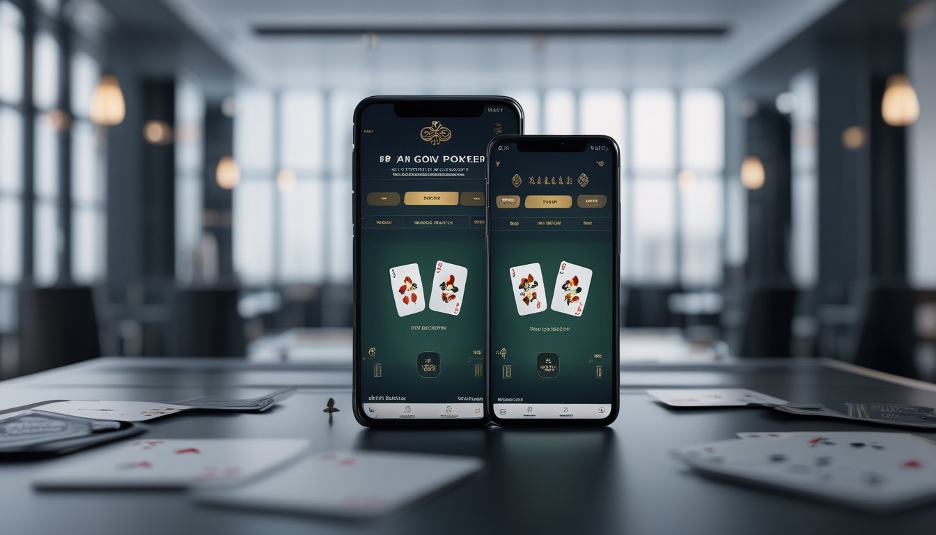 Dua ponsel menampilkan permainan kartu Pai Gow Poker dengan kartu yang tersusun rapi.