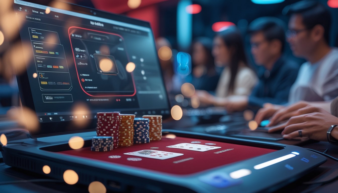 Pemain dewasa menikmati permainan Pai Gow Poker digital dengan kartu dan keping poker di meja modern.