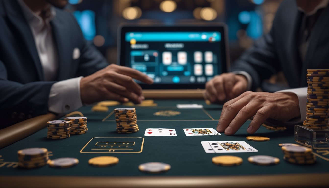 Pemain dewasa menyusun kartu Pai Gow Poker dan keping taruhan di meja permainan dengan perangkat digital di latar belakang.