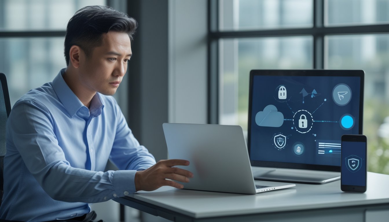 Seorang profesional meninjau keamanan akses online di laptop dengan simbol peringatan dan perlindungan digital.