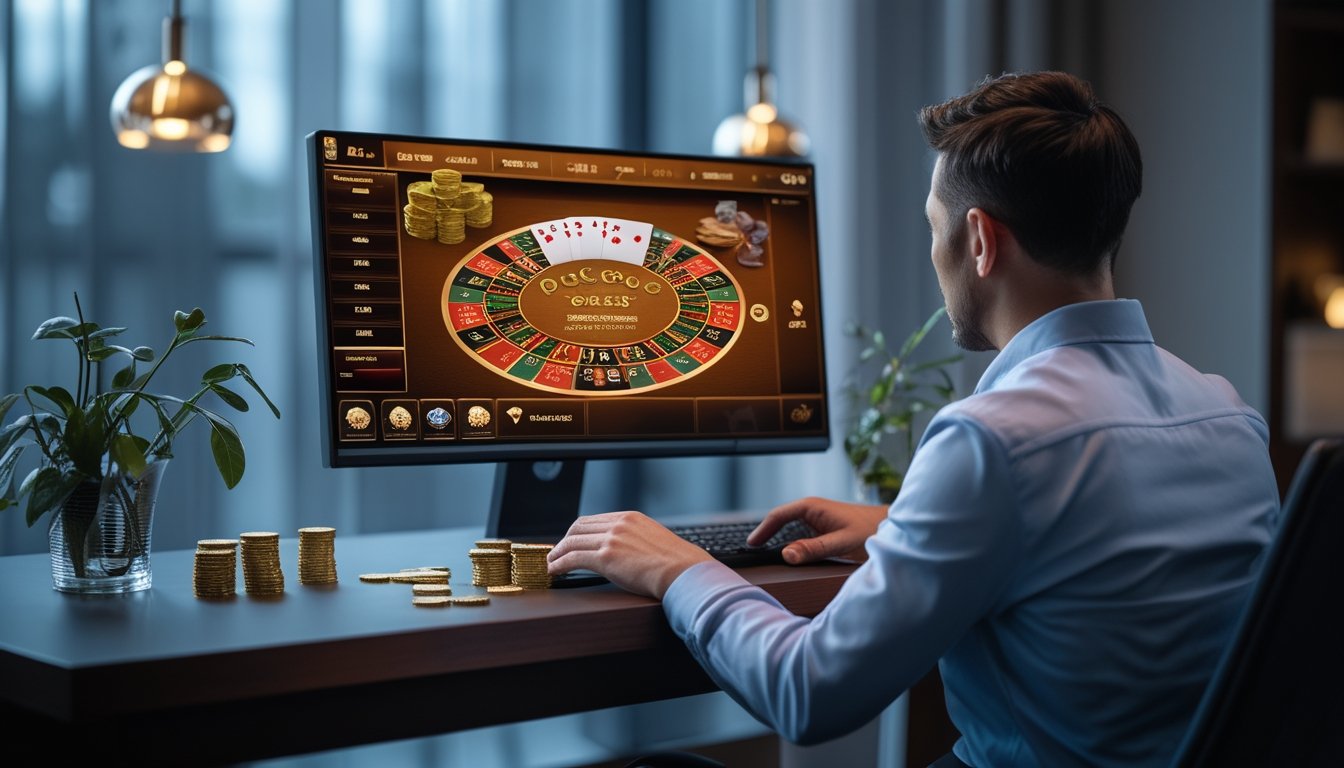 Pemain mempelajari kartu Pai Gow Poker dan tumpukan chip di depan layar komputer.