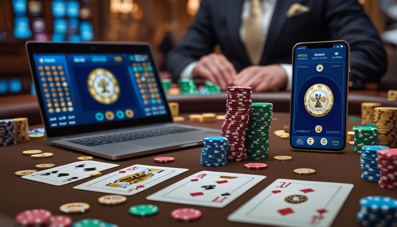 Meja permainan kartu dengan kartu poker, tumpukan chip, dan perangkat digital di suasana kasino elegan.