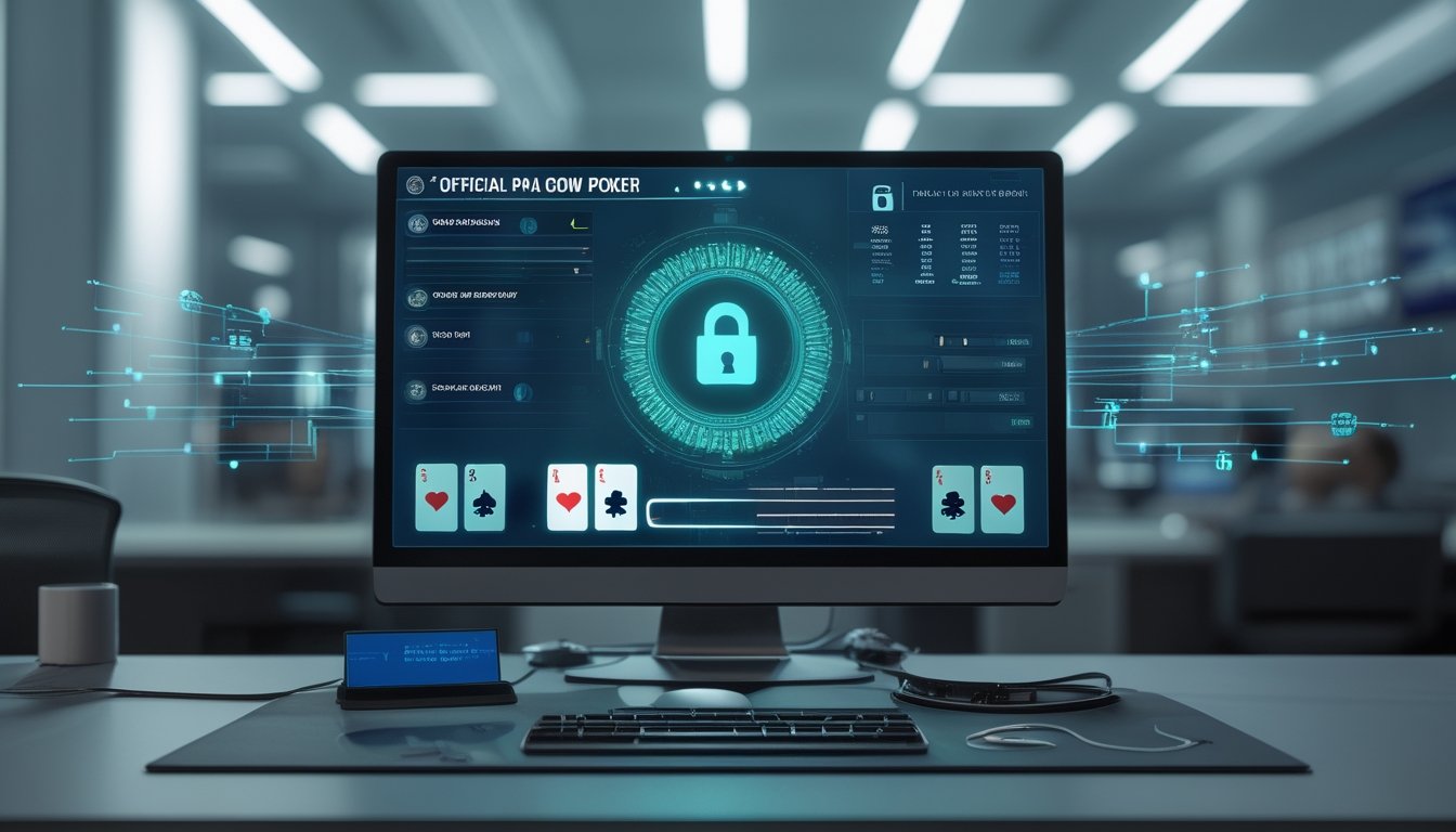 Komputer menampilkan permainan kartu online dengan simbol perisai dan gembok yang menggambarkan keamanan data.