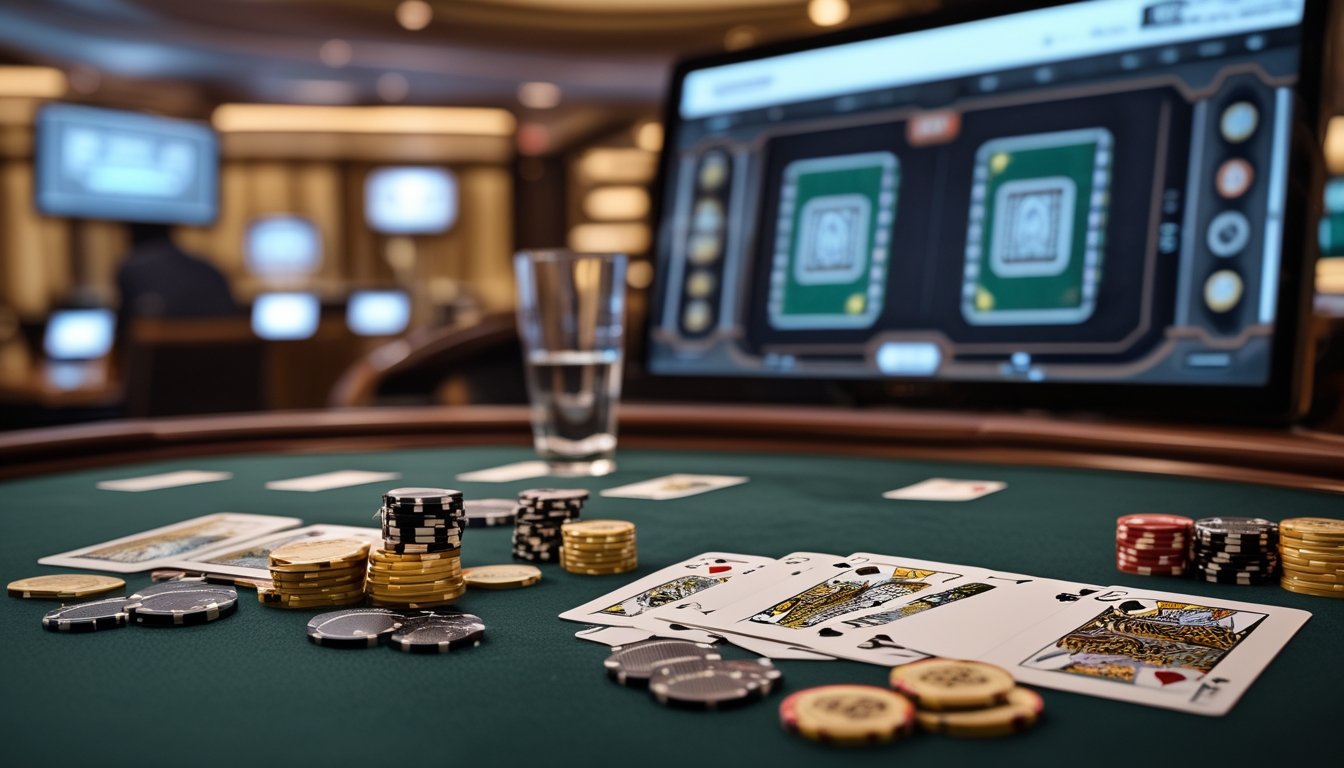 Meja permainan Pai Gow Poker dengan kartu dan keping poker dalam suasana kasino yang elegan.