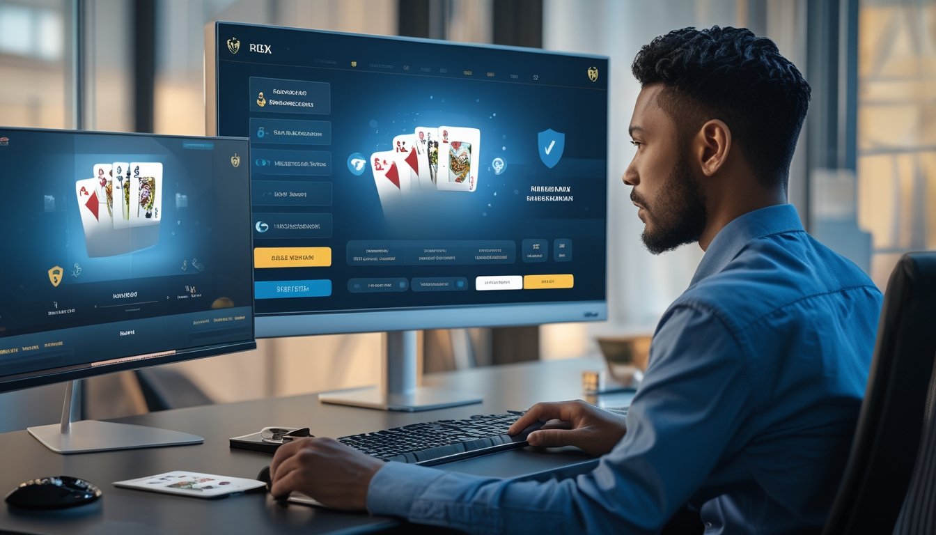 Seorang profesional memeriksa keamanan platform Pai Gow Poker online di depan komputer dengan simbol perisai dan gembok.