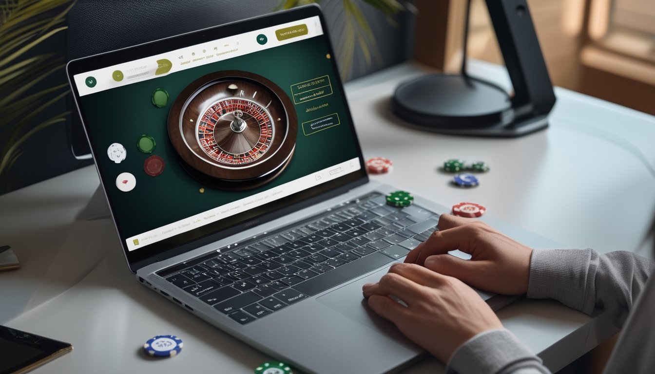 Laptop dan ponsel menampilkan permainan roulette Eropa dengan koin taruhan di atas meja.