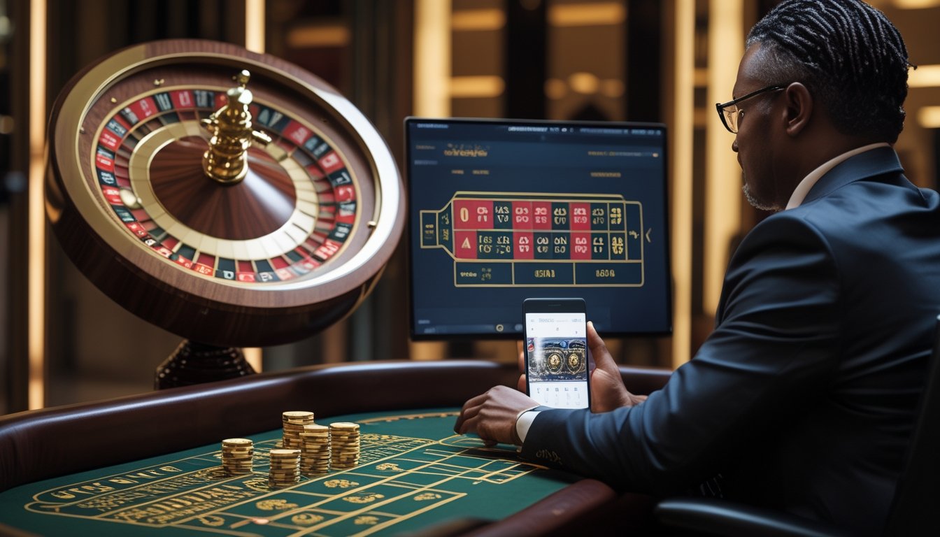Pemain dewasa melihat meja roulette Eropa dengan satu angka nol melalui perangkat digital, ditemani keping taruhan bernilai kecil.