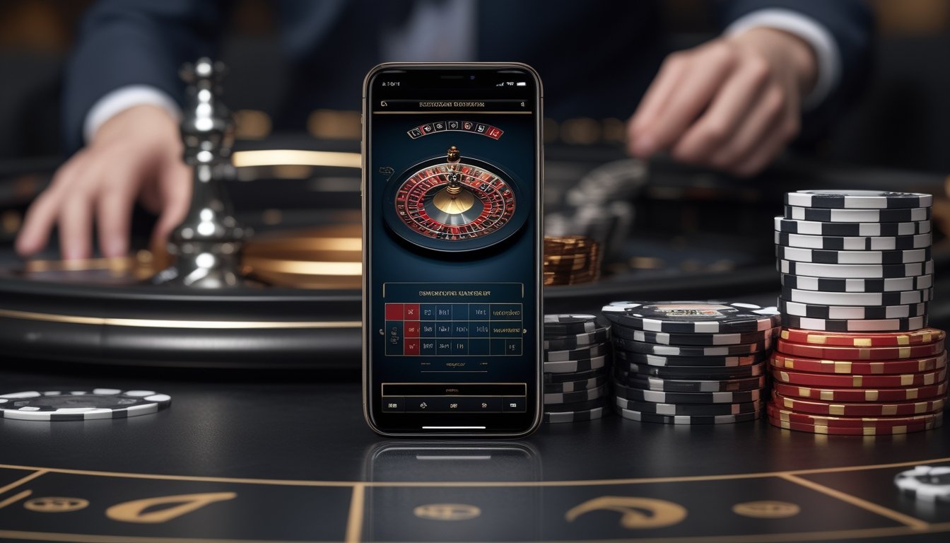 Ponsel menampilkan permainan roulette Eropa di atas meja kasino dengan roda roulette dan keping taruhan di latar belakang.