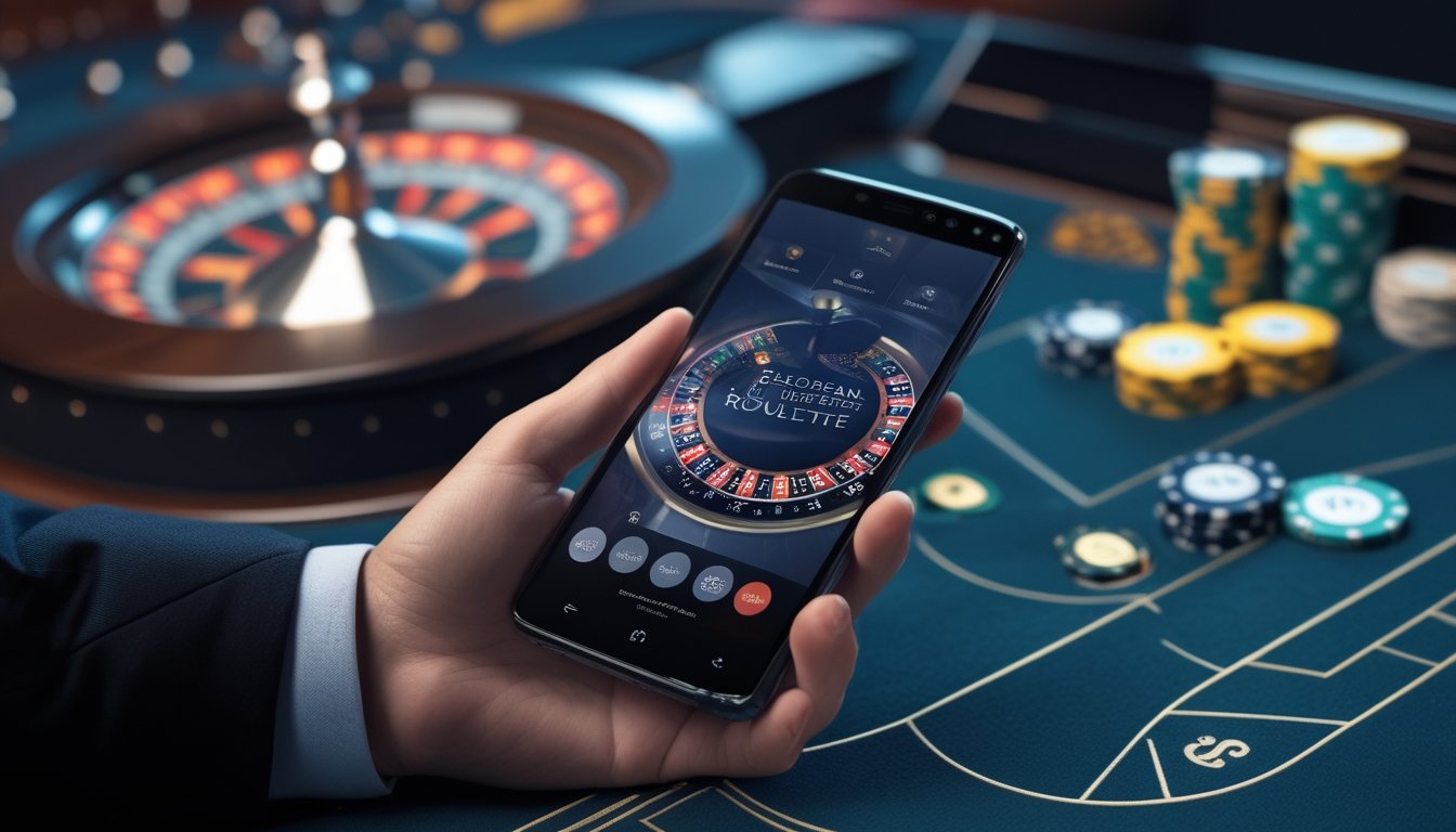 Ponsel menampilkan permainan roulette Eropa di atas meja kasino dengan roda roulette dan keping taruhan di latar belakang.
