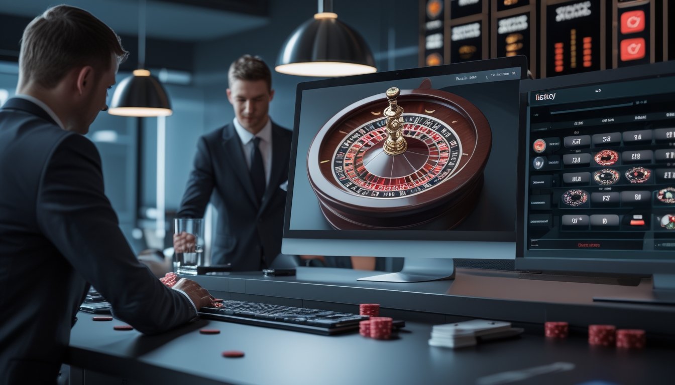 Dua profesional memeriksa platform roulette online dengan simbol keamanan dan tanda peringatan.