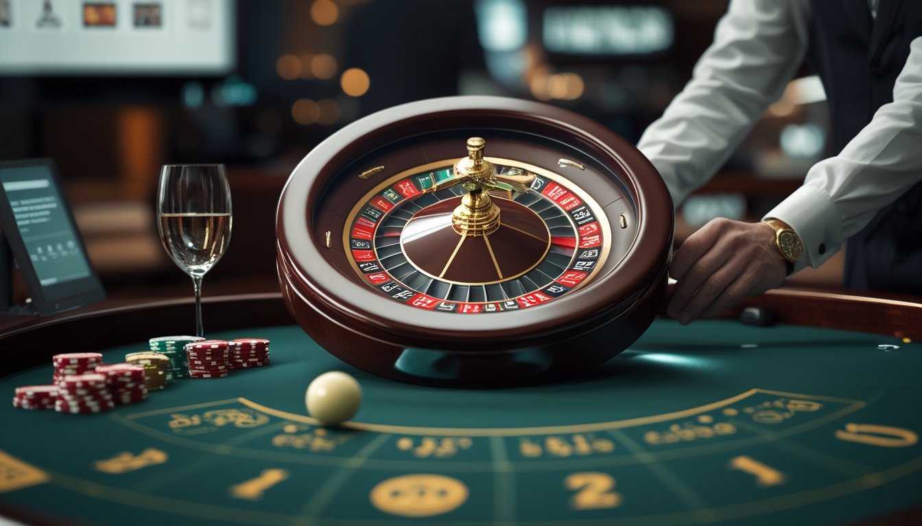 Roda roulette Eropa berada di atas meja kasino mewah dengan suasana studio profesional.