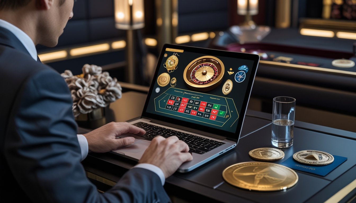 Seorang pemain dewasa meninjau platform roulette online di laptop dengan simbol keamanan, globe, dan paspor di meja.