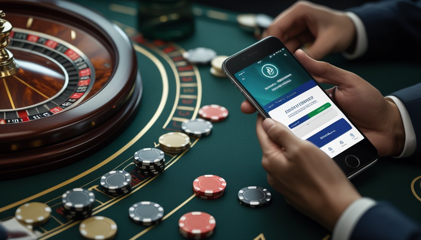 Roda roulette Eropa, chip kasino, dan ponsel dengan tampilan dompet digital di atas meja.