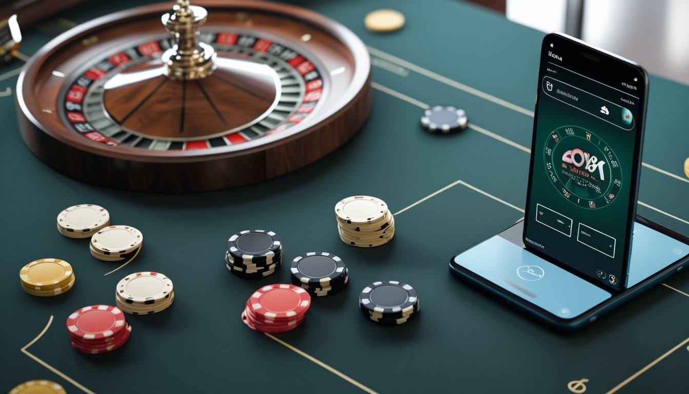 Roda roulette Eropa, keping taruhan, dan ponsel dengan tampilan pembayaran digital di atas meja.