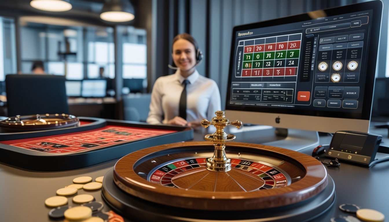 Roda roulette Eropa dan meja permainan di depan komputer, dengan petugas layanan pelanggan memakai headset di latar belakang.