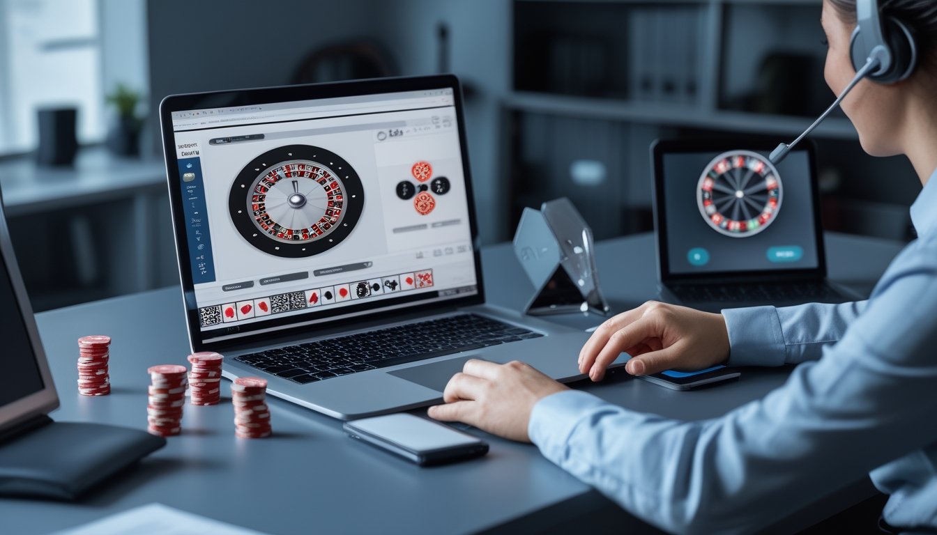 Petugas layanan pelanggan membantu pengguna melalui platform roulette online di ruang kerja modern.