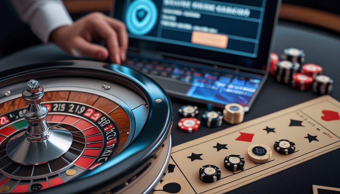 Meja roulette Eropa dengan laptop yang menampilkan antarmuka kasino daring aman dan pengguna yang sedang memeriksanya.